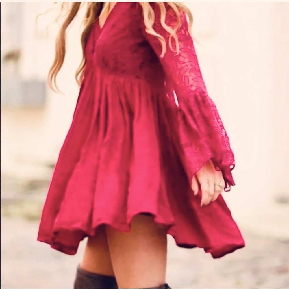 Free People With Love From India Bell Sleeve Crochet Lace Mini Boho - Picture 2 of 16